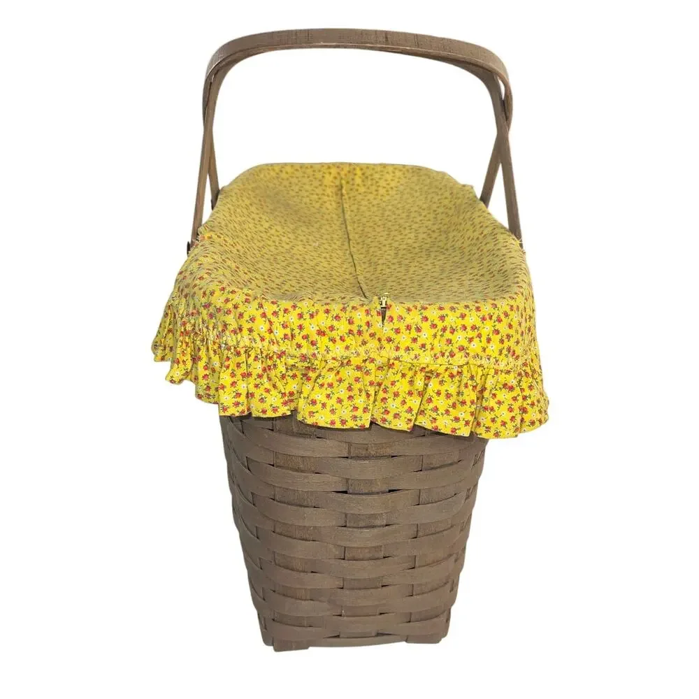 Vintage Woven Wood Picnic Basket Yellow Floral Zip Fabric Cover Cottagecore MCM